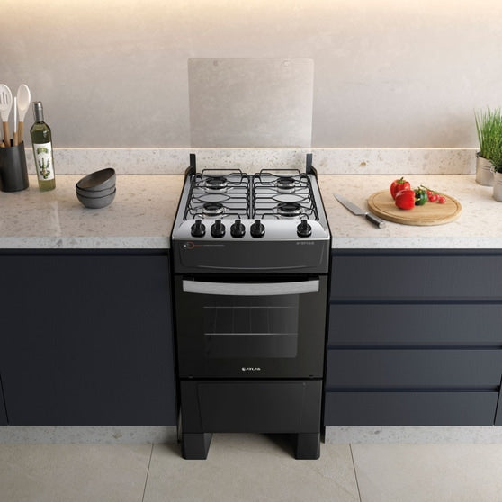 Fogão 4 Bocas Preto com Mesa Inox Atlas Atenas Bivolt