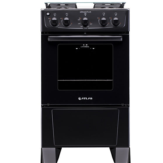 Fogão 4 Bocas Preto com Mesa Inox Atlas Mônaco Plus Bivolt